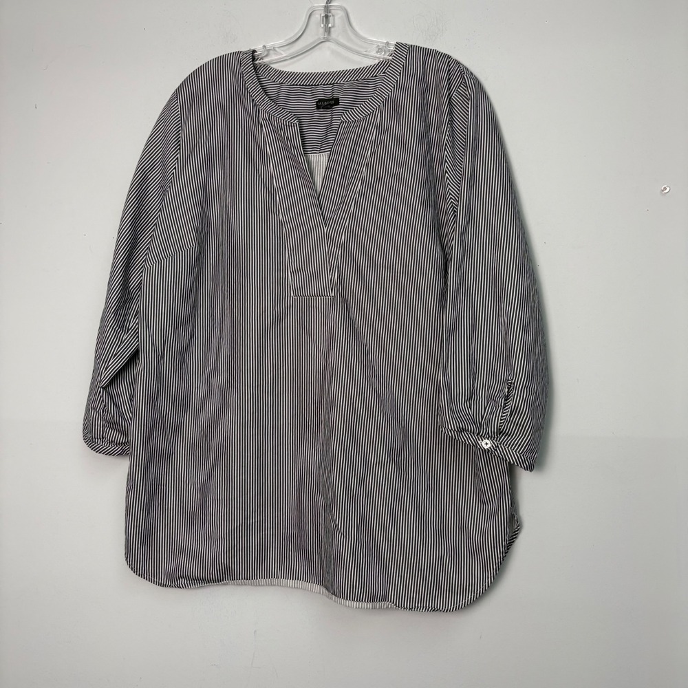 Talbots Womens XL Navy Blue White Striped 100% Cotton 3/4 Sleeve Tunic Blouse